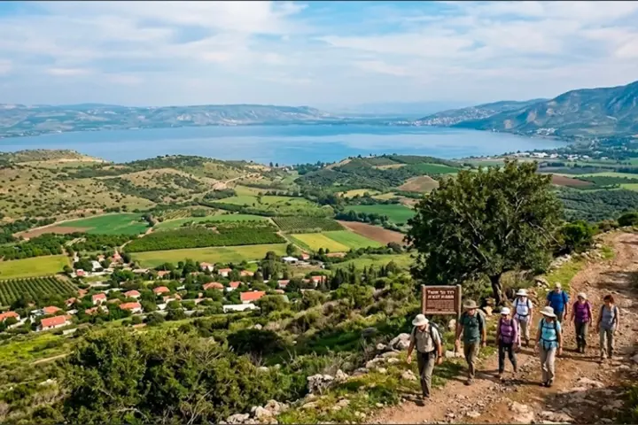 אילוסטרציה של מטיילים בשטח כפרי ירוק והכנרת מאחוריהם
